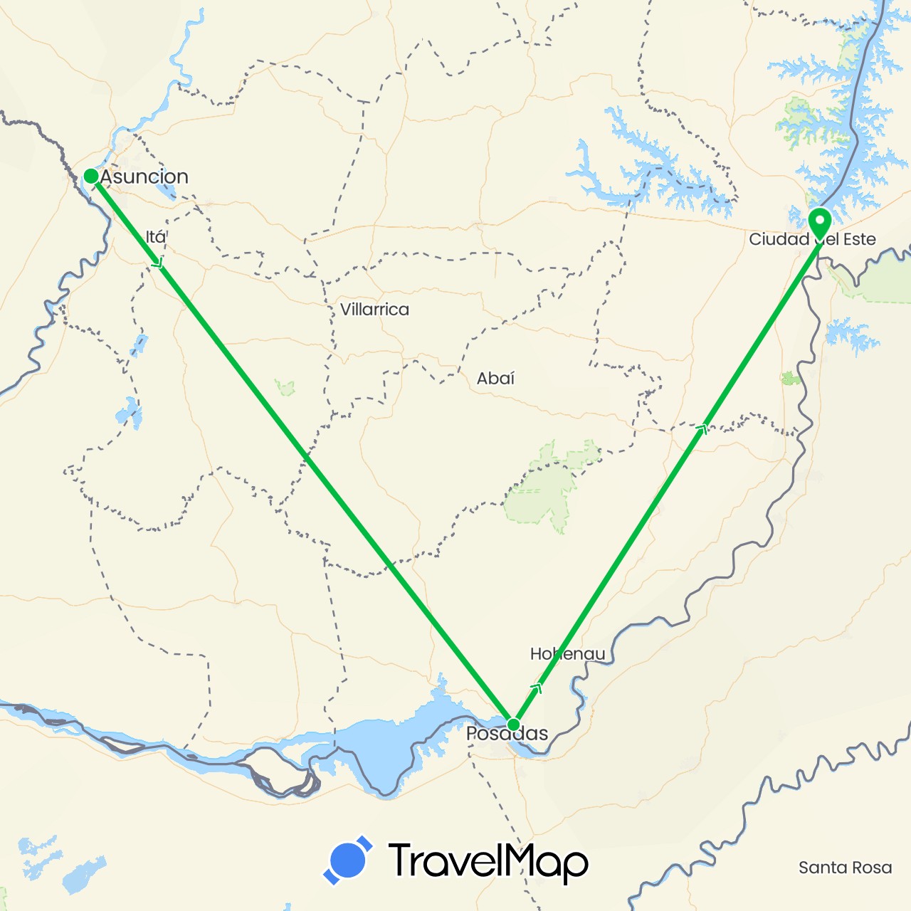 TravelMap itinerary: driving, bus in Brazil, Paraguay (South America)