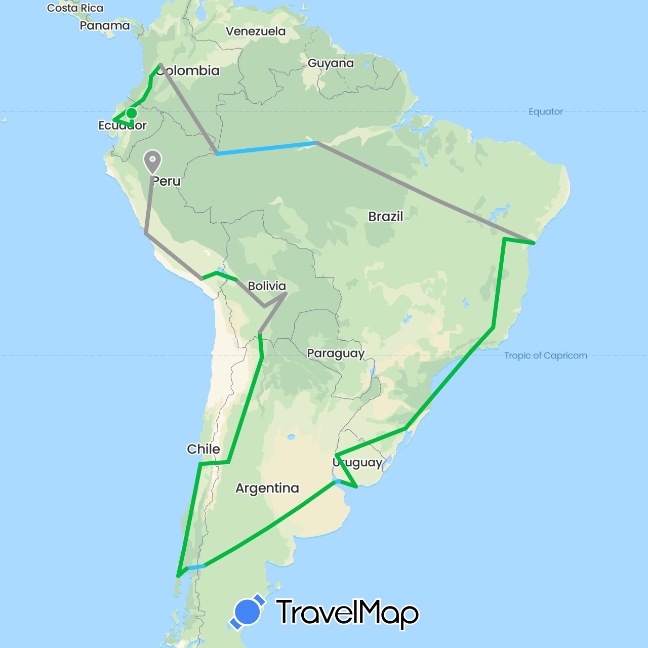 TravelMap itinerary: driving, bus, plane, boat in Argentina, Bolivia, Brazil, Chile, Colombia, Ecuador, Peru, Uruguay (South America)
