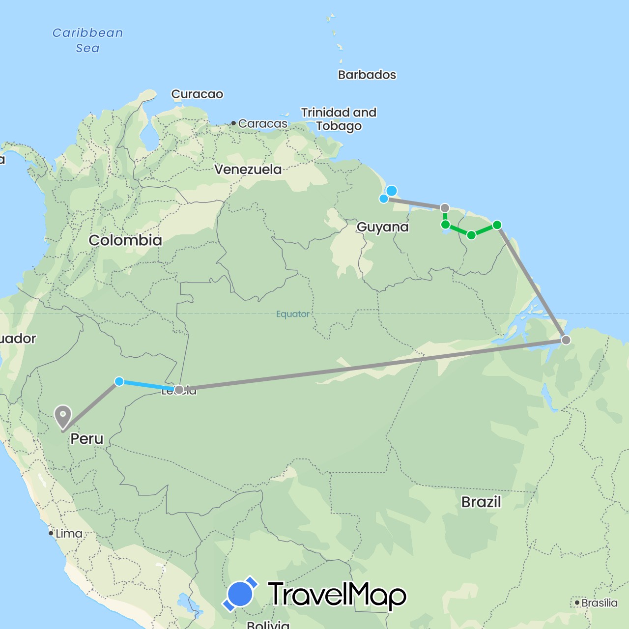 TravelMap itinerary: driving, bus, plane, boat in Brazil, Colombia, French Guiana, Guyana, Peru, Suriname (South America)